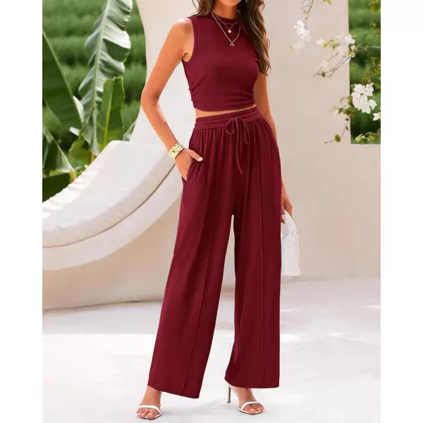 imageBTFBM Women Summer 2 Piece Outfits Ribbed Knit Crew Neck Sleeveless Cropped Top Elastic Waist Wide Leg Pants Lounge SetSolid Wine Red