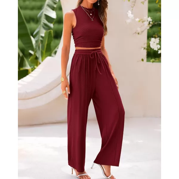 imageBTFBM Women Summer 2 Piece Outfits Ribbed Knit Crew Neck Sleeveless Cropped Top Elastic Waist Wide Leg Pants Lounge SetSolid Wine Red