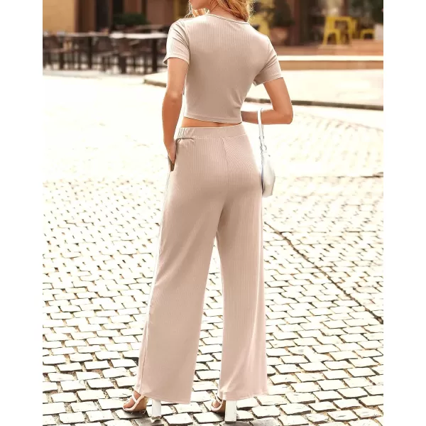 imageBTFBM Women Summer 2023 Two Piece Casual Outfits Lounge Set Ribbed Knit Bodycon Crop Top Long Pants Tracksuits SweatsuitShort Apricot