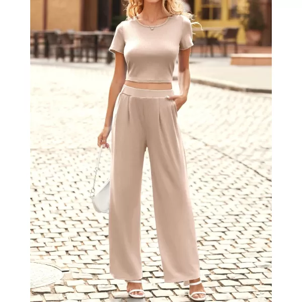 imageBTFBM Women Summer 2023 Two Piece Casual Outfits Lounge Set Ribbed Knit Bodycon Crop Top Long Pants Tracksuits SweatsuitShort Apricot
