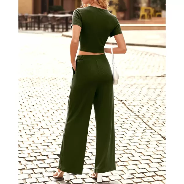 imageBTFBM Women Summer 2023 Two Piece Casual Outfits Lounge Set Ribbed Knit Bodycon Crop Top Long Pants Tracksuits SweatsuitShort Army Green