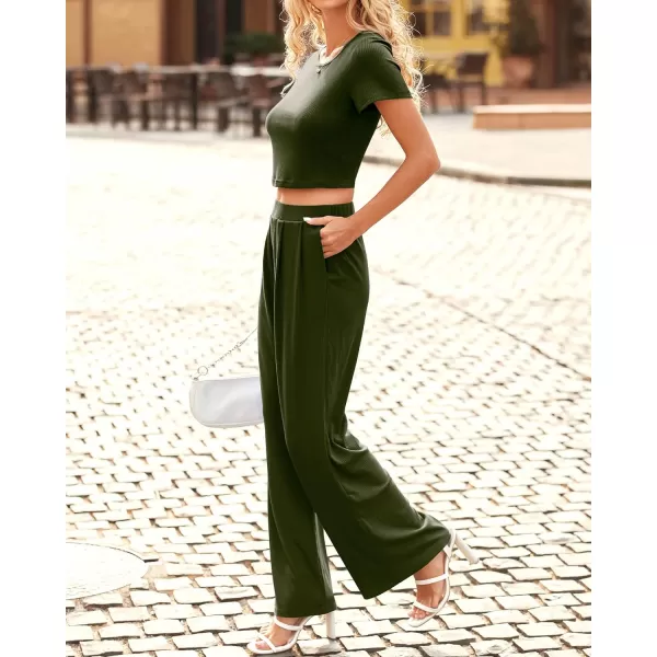 imageBTFBM Women Summer 2023 Two Piece Casual Outfits Lounge Set Ribbed Knit Bodycon Crop Top Long Pants Tracksuits SweatsuitShort Army Green
