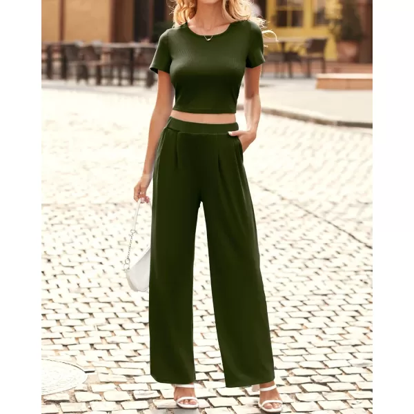 imageBTFBM Women Summer 2023 Two Piece Casual Outfits Lounge Set Ribbed Knit Bodycon Crop Top Long Pants Tracksuits SweatsuitShort Army Green
