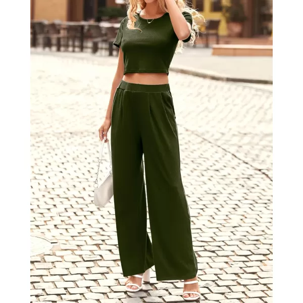 imageBTFBM Women Summer 2023 Two Piece Casual Outfits Lounge Set Ribbed Knit Bodycon Crop Top Long Pants Tracksuits SweatsuitShort Army Green