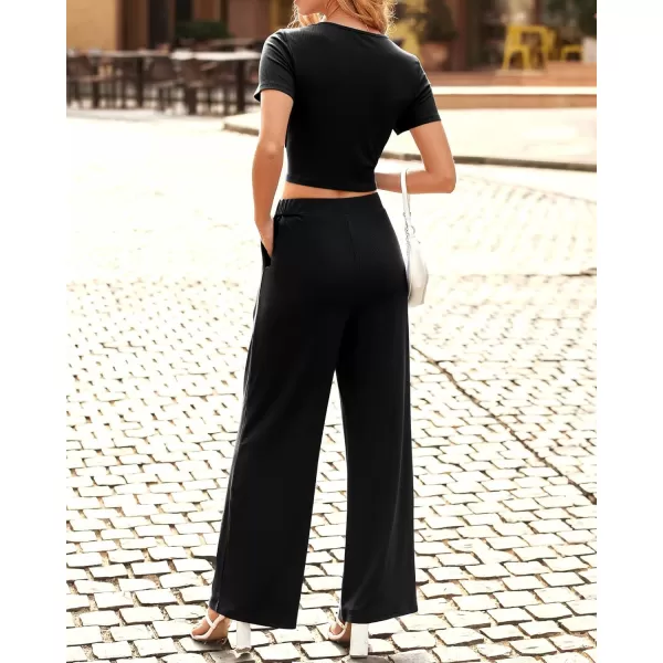 imageBTFBM Women Summer 2023 Two Piece Casual Outfits Lounge Set Ribbed Knit Bodycon Crop Top Long Pants Tracksuits SweatsuitShort Black