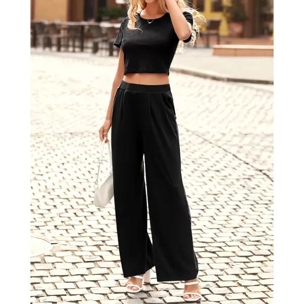 imageBTFBM Women Summer 2023 Two Piece Casual Outfits Lounge Set Ribbed Knit Bodycon Crop Top Long Pants Tracksuits SweatsuitShort Black