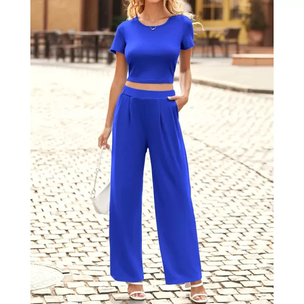 imageBTFBM Women Summer 2023 Two Piece Casual Outfits Lounge Set Ribbed Knit Bodycon Crop Top Long Pants Tracksuits SweatsuitShort Blue