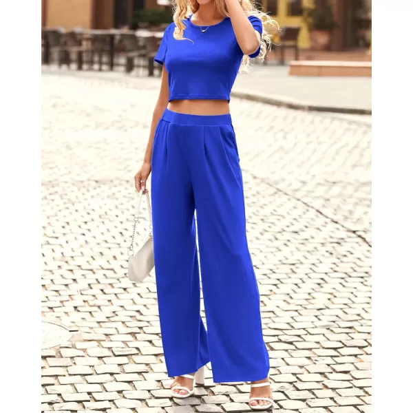 imageBTFBM Women Summer 2023 Two Piece Casual Outfits Lounge Set Ribbed Knit Bodycon Crop Top Long Pants Tracksuits SweatsuitShort Blue