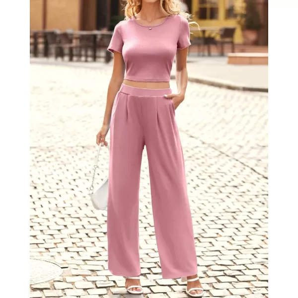 imageBTFBM Women Summer 2023 Two Piece Casual Outfits Lounge Set Ribbed Knit Bodycon Crop Top Long Pants Tracksuits SweatsuitShort Pink