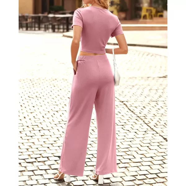 imageBTFBM Women Summer 2023 Two Piece Casual Outfits Lounge Set Ribbed Knit Bodycon Crop Top Long Pants Tracksuits SweatsuitShort Pink