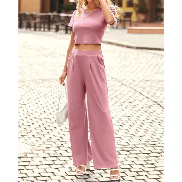 imageBTFBM Women Summer 2023 Two Piece Casual Outfits Lounge Set Ribbed Knit Bodycon Crop Top Long Pants Tracksuits SweatsuitShort Pink
