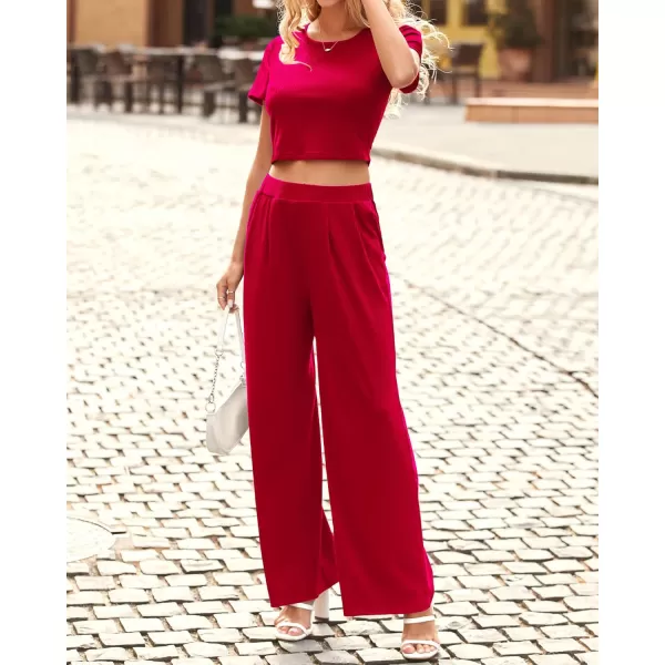 imageBTFBM Women Summer 2023 Two Piece Casual Outfits Lounge Set Ribbed Knit Bodycon Crop Top Long Pants Tracksuits SweatsuitShort Red