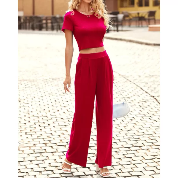 imageBTFBM Women Summer 2023 Two Piece Casual Outfits Lounge Set Ribbed Knit Bodycon Crop Top Long Pants Tracksuits SweatsuitShort Red