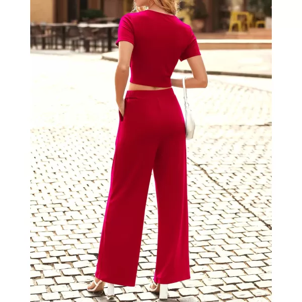 imageBTFBM Women Summer 2023 Two Piece Casual Outfits Lounge Set Ribbed Knit Bodycon Crop Top Long Pants Tracksuits SweatsuitShort Red
