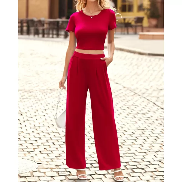 imageBTFBM Women Summer 2023 Two Piece Casual Outfits Lounge Set Ribbed Knit Bodycon Crop Top Long Pants Tracksuits SweatsuitShort Red