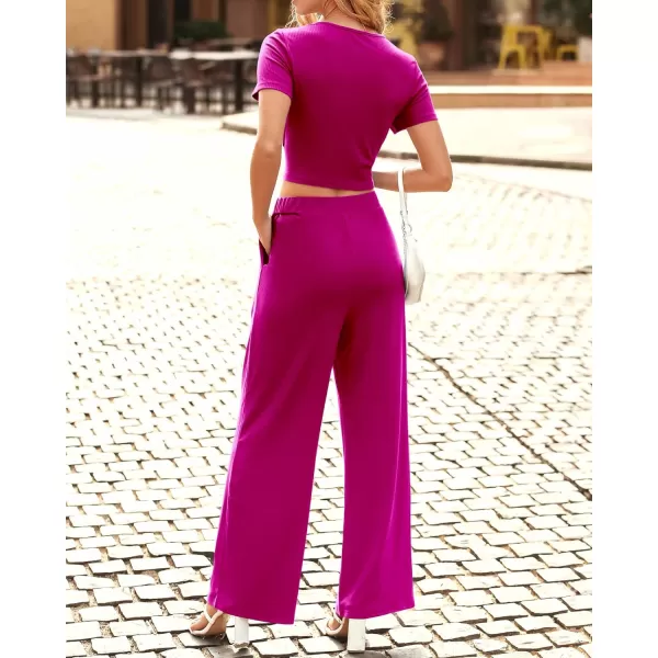 imageBTFBM Women Summer 2023 Two Piece Casual Outfits Lounge Set Ribbed Knit Bodycon Crop Top Long Pants Tracksuits SweatsuitShort Rose Red