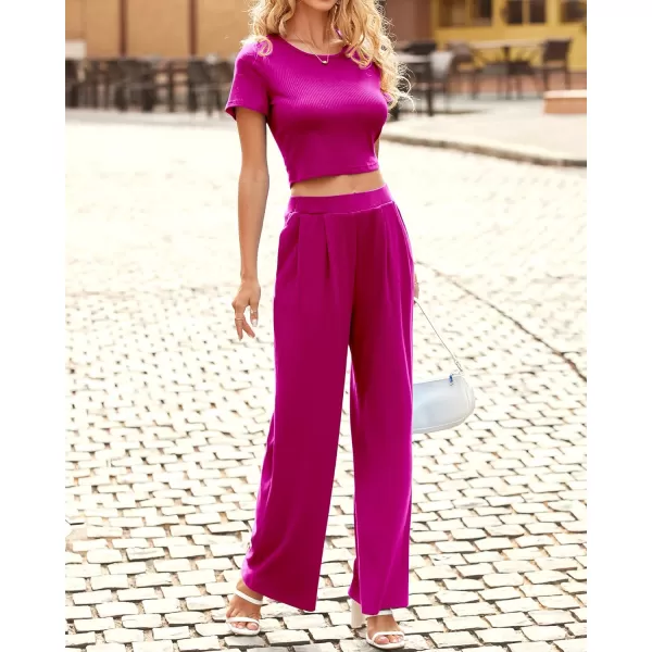 imageBTFBM Women Summer 2023 Two Piece Casual Outfits Lounge Set Ribbed Knit Bodycon Crop Top Long Pants Tracksuits SweatsuitShort Rose Red