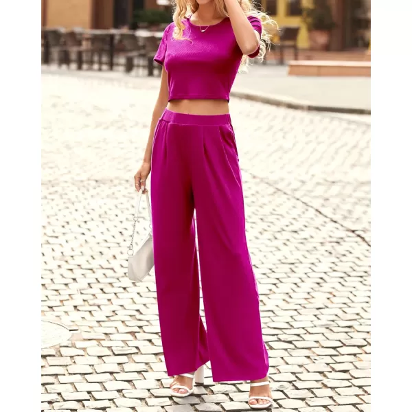 imageBTFBM Women Summer 2023 Two Piece Casual Outfits Lounge Set Ribbed Knit Bodycon Crop Top Long Pants Tracksuits SweatsuitShort Rose Red
