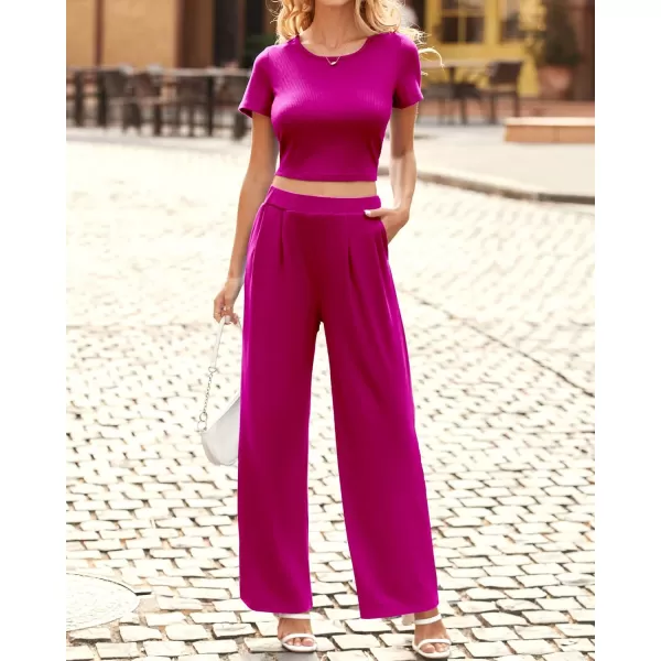 imageBTFBM Women Summer 2023 Two Piece Casual Outfits Lounge Set Ribbed Knit Bodycon Crop Top Long Pants Tracksuits SweatsuitShort Rose Red
