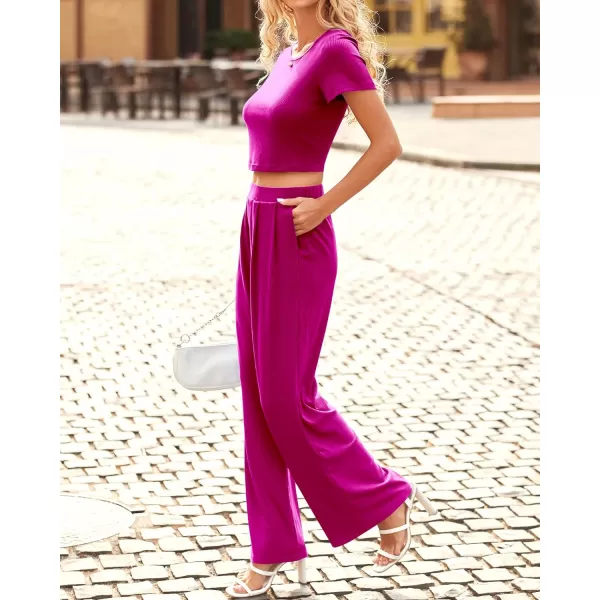 imageBTFBM Women Summer 2023 Two Piece Casual Outfits Lounge Set Ribbed Knit Bodycon Crop Top Long Pants Tracksuits SweatsuitShort Rose Red