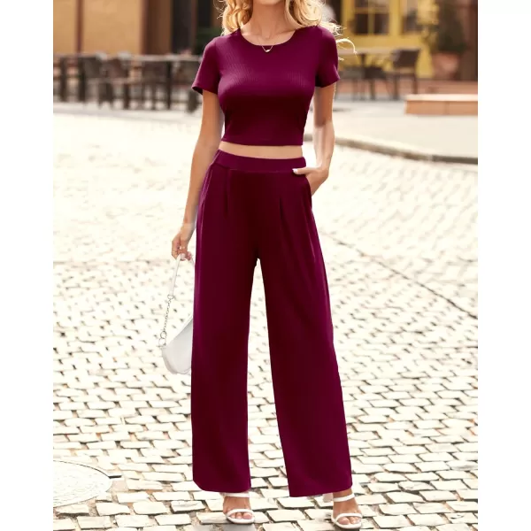 imageBTFBM Women Summer 2023 Two Piece Casual Outfits Lounge Set Ribbed Knit Bodycon Crop Top Long Pants Tracksuits SweatsuitShort Wine Red