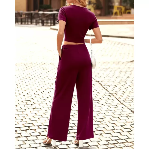 imageBTFBM Women Summer 2023 Two Piece Casual Outfits Lounge Set Ribbed Knit Bodycon Crop Top Long Pants Tracksuits SweatsuitShort Wine Red