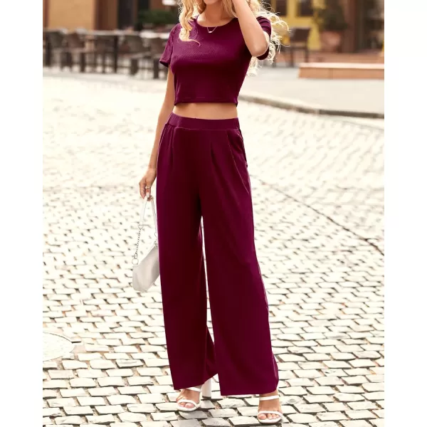 imageBTFBM Women Summer 2023 Two Piece Casual Outfits Lounge Set Ribbed Knit Bodycon Crop Top Long Pants Tracksuits SweatsuitShort Wine Red