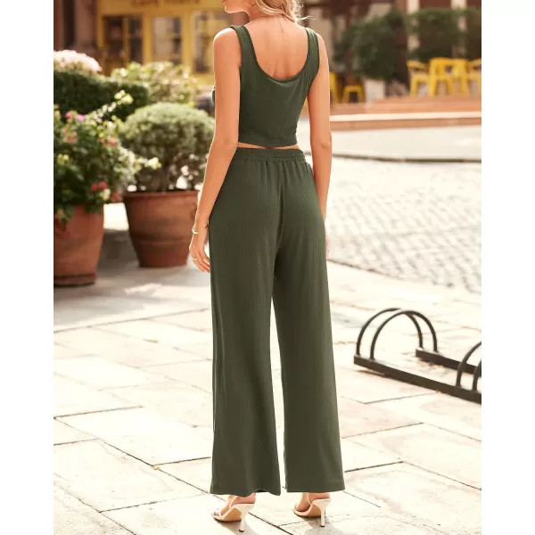 imageBTFBM Women Summer 2023 Two Piece Casual Outfits Lounge Set Ribbed Knit Bodycon Crop Top Long Pants Tracksuits SweatsuitSleeveless Army Green