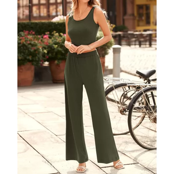imageBTFBM Women Summer 2023 Two Piece Casual Outfits Lounge Set Ribbed Knit Bodycon Crop Top Long Pants Tracksuits SweatsuitSleeveless Army Green