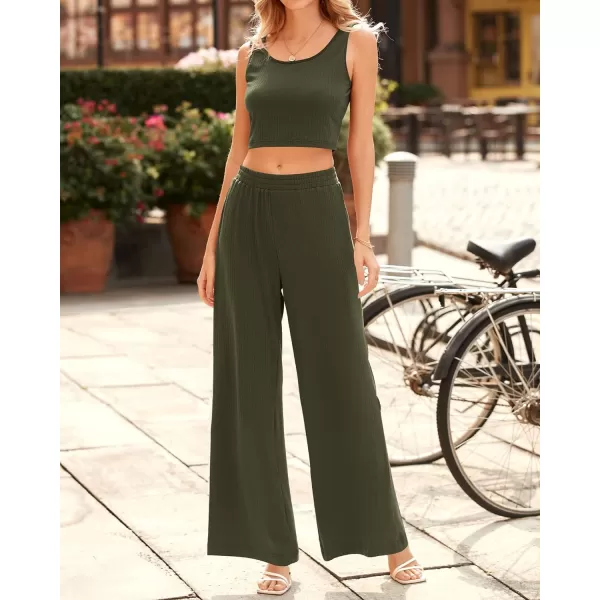 imageBTFBM Women Summer 2023 Two Piece Casual Outfits Lounge Set Ribbed Knit Bodycon Crop Top Long Pants Tracksuits SweatsuitSleeveless Army Green