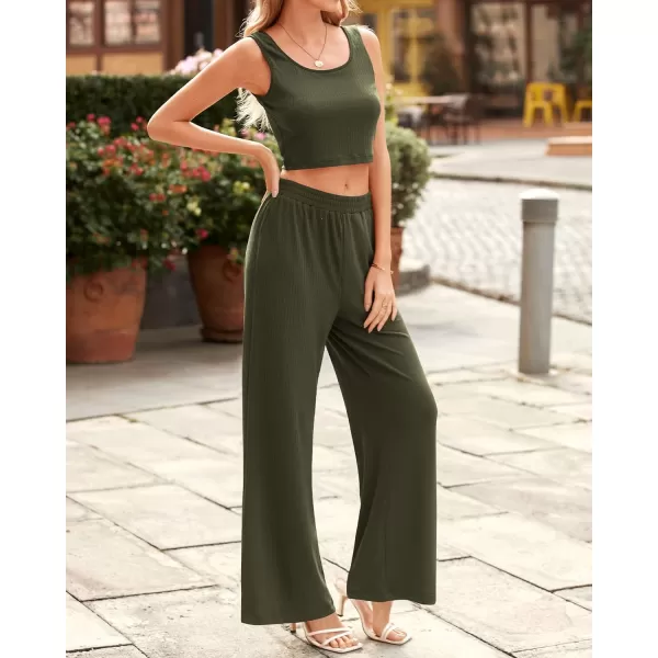 imageBTFBM Women Summer 2023 Two Piece Casual Outfits Lounge Set Ribbed Knit Bodycon Crop Top Long Pants Tracksuits SweatsuitSleeveless Army Green