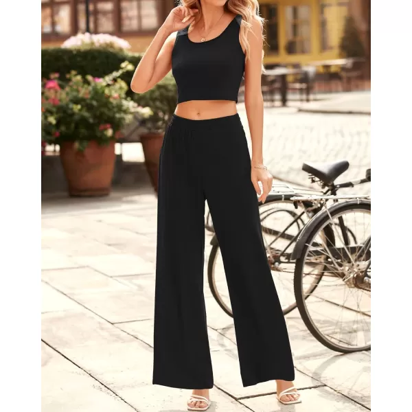 imageBTFBM Women Summer 2023 Two Piece Casual Outfits Lounge Set Ribbed Knit Bodycon Crop Top Long Pants Tracksuits SweatsuitSleeveless Black