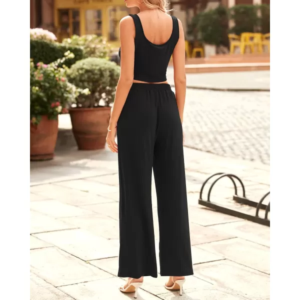 imageBTFBM Women Summer 2023 Two Piece Casual Outfits Lounge Set Ribbed Knit Bodycon Crop Top Long Pants Tracksuits SweatsuitSleeveless Black