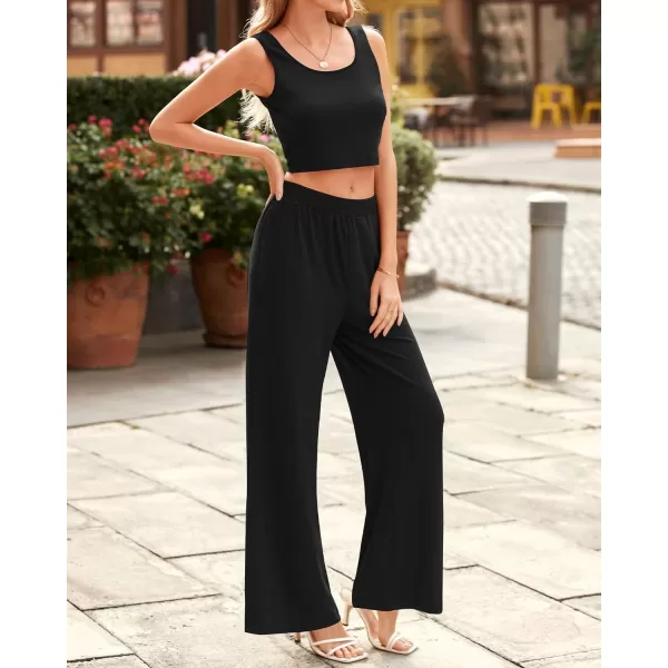 imageBTFBM Women Summer 2023 Two Piece Casual Outfits Lounge Set Ribbed Knit Bodycon Crop Top Long Pants Tracksuits SweatsuitSleeveless Black