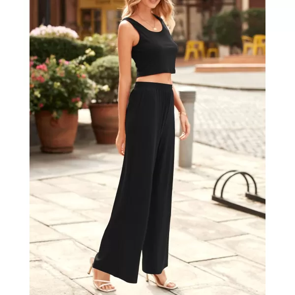 imageBTFBM Women Summer 2023 Two Piece Casual Outfits Lounge Set Ribbed Knit Bodycon Crop Top Long Pants Tracksuits SweatsuitSleeveless Black