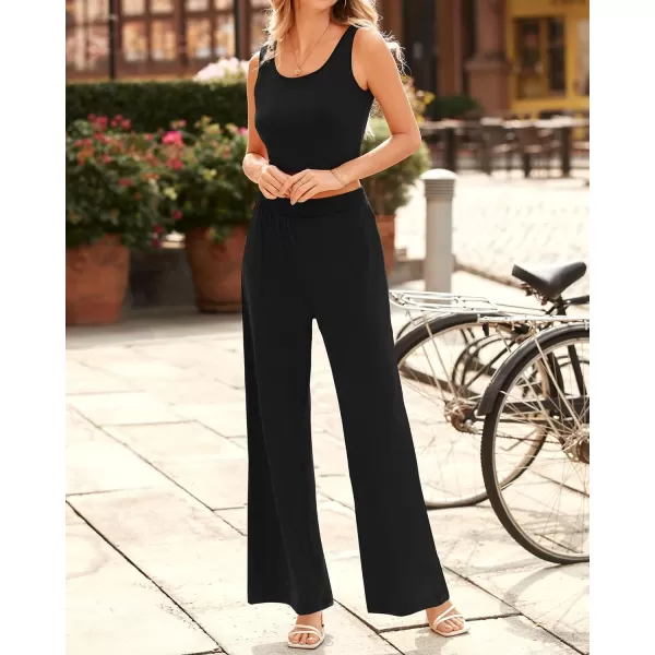 imageBTFBM Women Summer 2023 Two Piece Casual Outfits Lounge Set Ribbed Knit Bodycon Crop Top Long Pants Tracksuits SweatsuitSleeveless Black