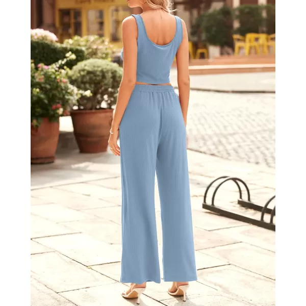 imageBTFBM Women Summer 2023 Two Piece Casual Outfits Lounge Set Ribbed Knit Bodycon Crop Top Long Pants Tracksuits SweatsuitSleeveless Blue