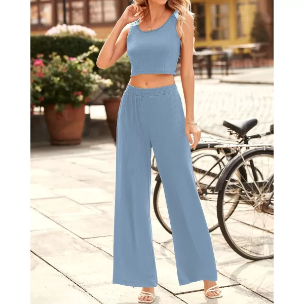 imageBTFBM Women Summer 2023 Two Piece Casual Outfits Lounge Set Ribbed Knit Bodycon Crop Top Long Pants Tracksuits SweatsuitSleeveless Blue