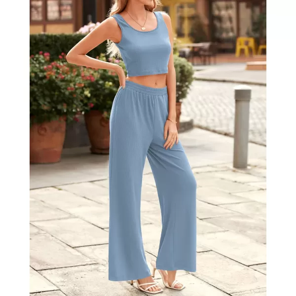 imageBTFBM Women Summer 2023 Two Piece Casual Outfits Lounge Set Ribbed Knit Bodycon Crop Top Long Pants Tracksuits SweatsuitSleeveless Blue