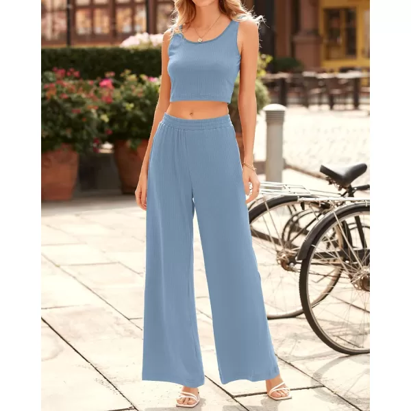 imageBTFBM Women Summer 2023 Two Piece Casual Outfits Lounge Set Ribbed Knit Bodycon Crop Top Long Pants Tracksuits SweatsuitSleeveless Blue