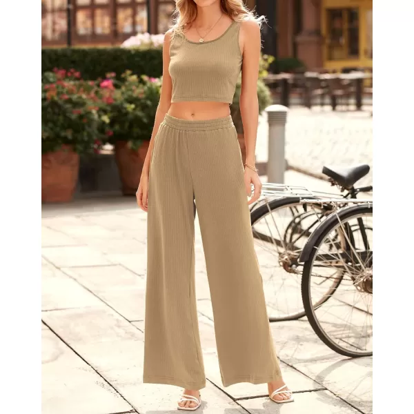 imageBTFBM Women Summer 2023 Two Piece Casual Outfits Lounge Set Ribbed Knit Bodycon Crop Top Long Pants Tracksuits SweatsuitSleeveless Khaki
