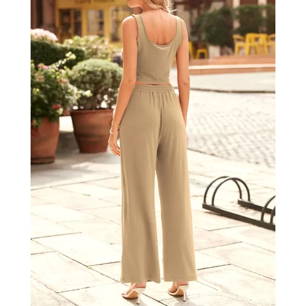imageBTFBM Women Summer 2023 Two Piece Casual Outfits Lounge Set Ribbed Knit Bodycon Crop Top Long Pants Tracksuits SweatsuitSleeveless Khaki
