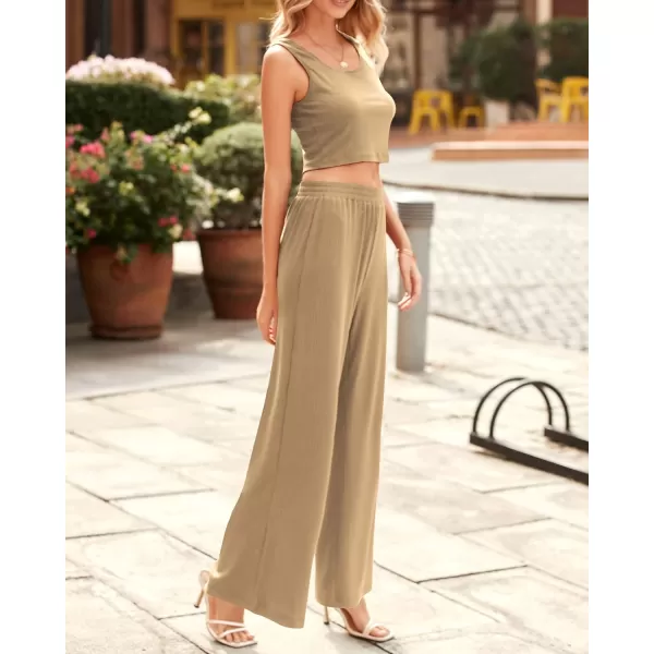 imageBTFBM Women Summer 2023 Two Piece Casual Outfits Lounge Set Ribbed Knit Bodycon Crop Top Long Pants Tracksuits SweatsuitSleeveless Khaki
