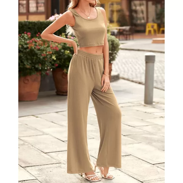 imageBTFBM Women Summer 2023 Two Piece Casual Outfits Lounge Set Ribbed Knit Bodycon Crop Top Long Pants Tracksuits SweatsuitSleeveless Khaki