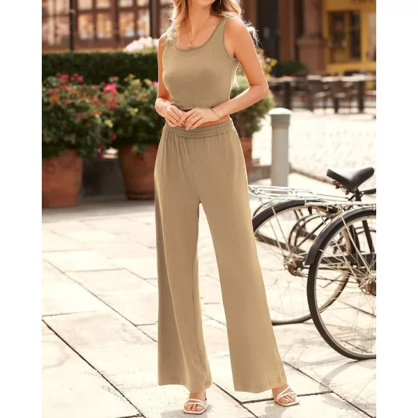 imageBTFBM Women Summer 2023 Two Piece Casual Outfits Lounge Set Ribbed Knit Bodycon Crop Top Long Pants Tracksuits SweatsuitSleeveless Khaki