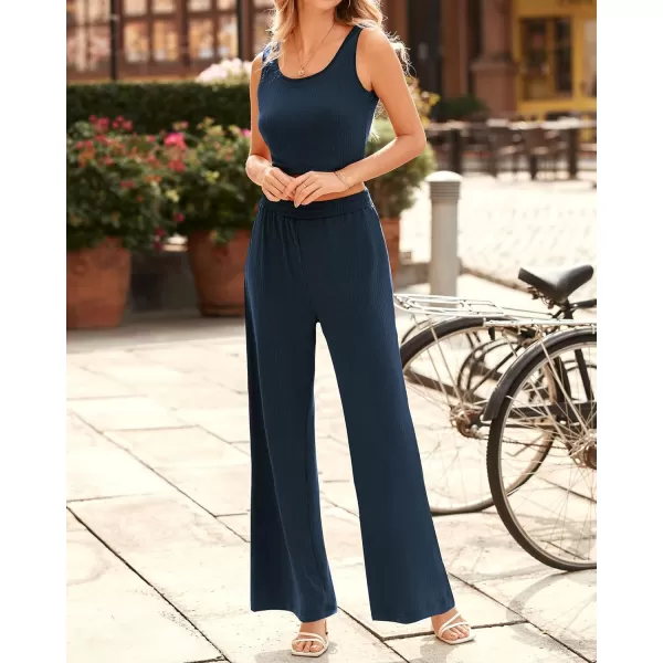 imageBTFBM Women Summer 2023 Two Piece Casual Outfits Lounge Set Ribbed Knit Bodycon Crop Top Long Pants Tracksuits SweatsuitSleeveless Navy