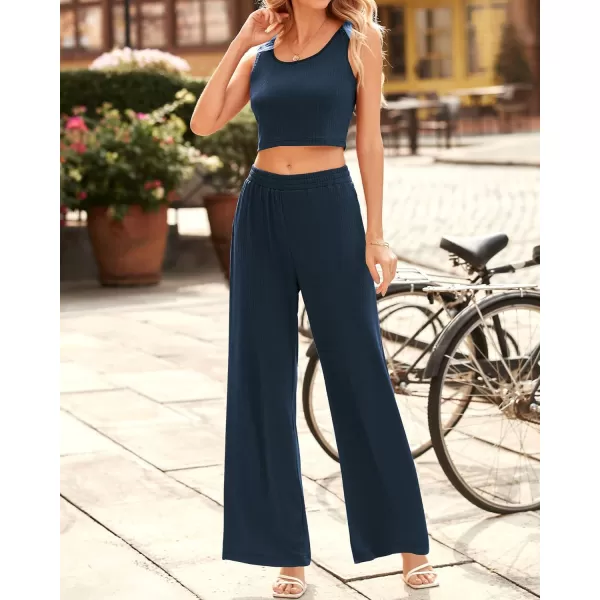 imageBTFBM Women Summer 2023 Two Piece Casual Outfits Lounge Set Ribbed Knit Bodycon Crop Top Long Pants Tracksuits SweatsuitSleeveless Navy