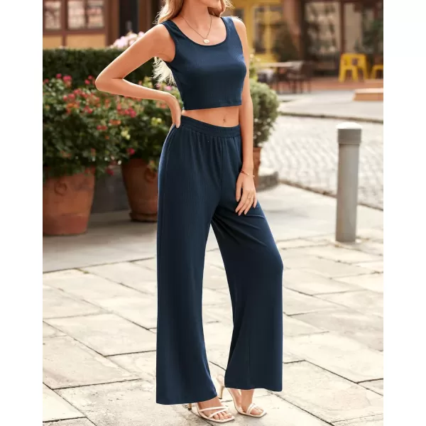 imageBTFBM Women Summer 2023 Two Piece Casual Outfits Lounge Set Ribbed Knit Bodycon Crop Top Long Pants Tracksuits SweatsuitSleeveless Navy