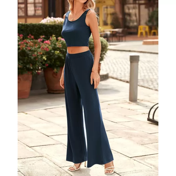 imageBTFBM Women Summer 2023 Two Piece Casual Outfits Lounge Set Ribbed Knit Bodycon Crop Top Long Pants Tracksuits SweatsuitSleeveless Navy