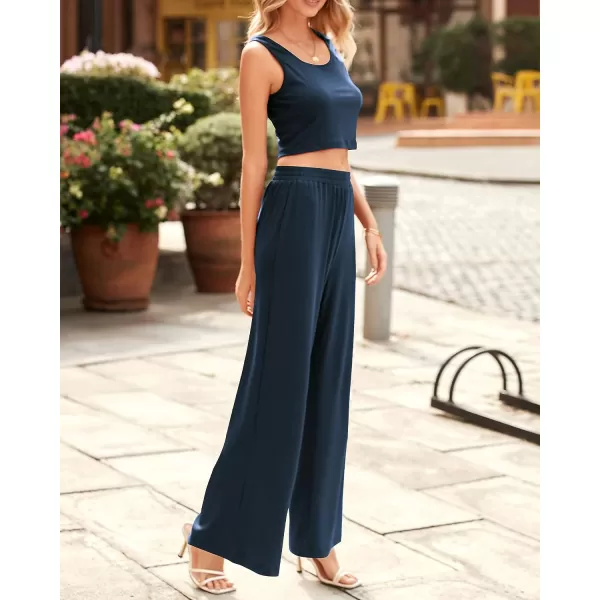 imageBTFBM Women Summer 2023 Two Piece Casual Outfits Lounge Set Ribbed Knit Bodycon Crop Top Long Pants Tracksuits SweatsuitSleeveless Navy